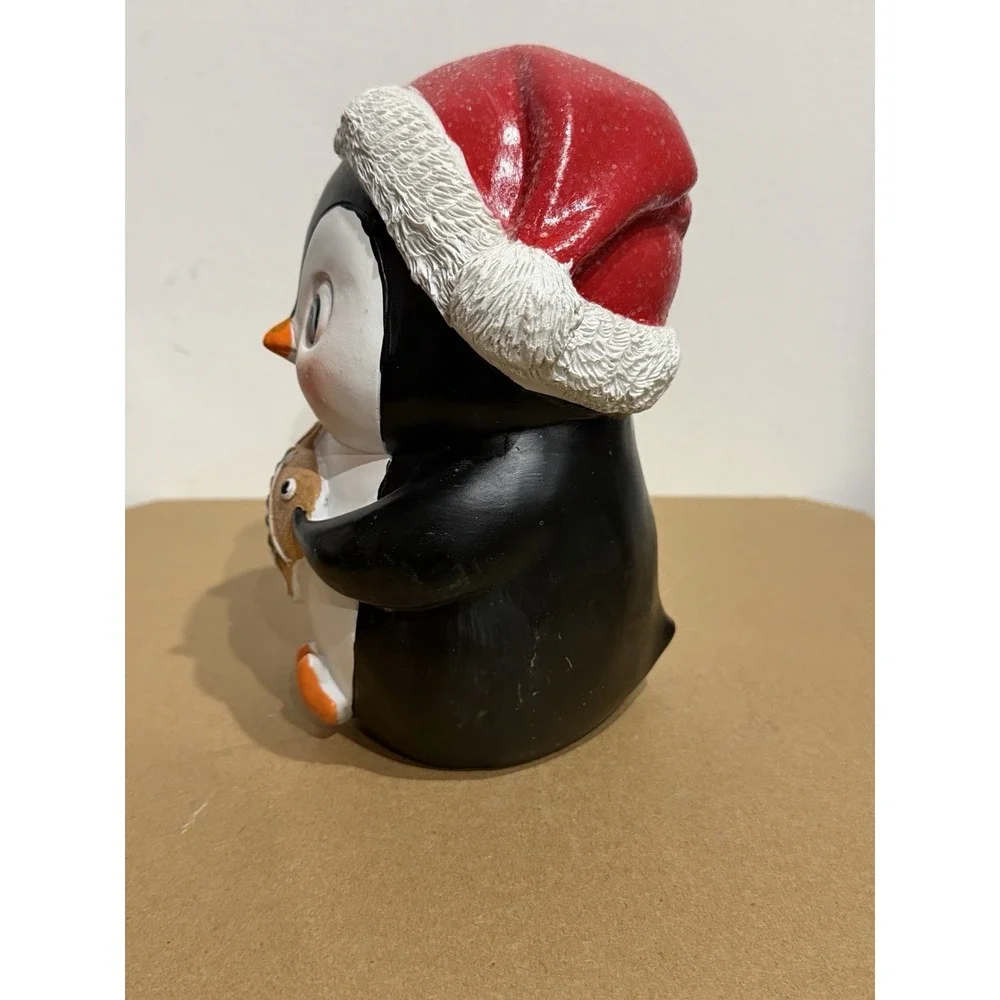 Christmas Penguin Figurine Santa Hat Holding Fish Holiday Decor
